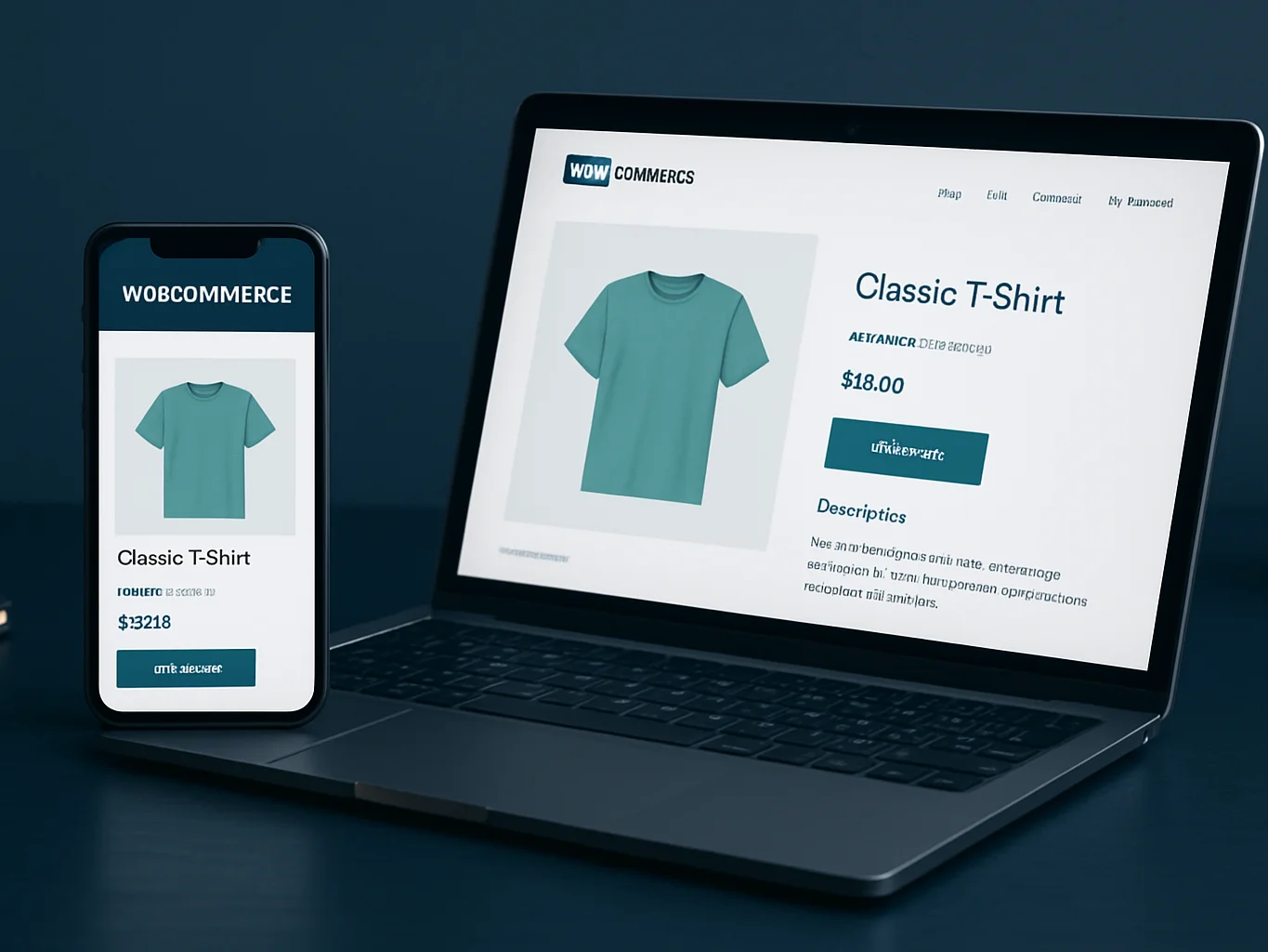 Phone and laptop displaying a WooCommerce product page interface